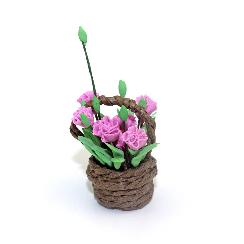 

1/12 Dollhouse Miniature Accessories Mini Flower Basket Carnation Simulation Garden Potted Plant Model Toys for Doll House Decor