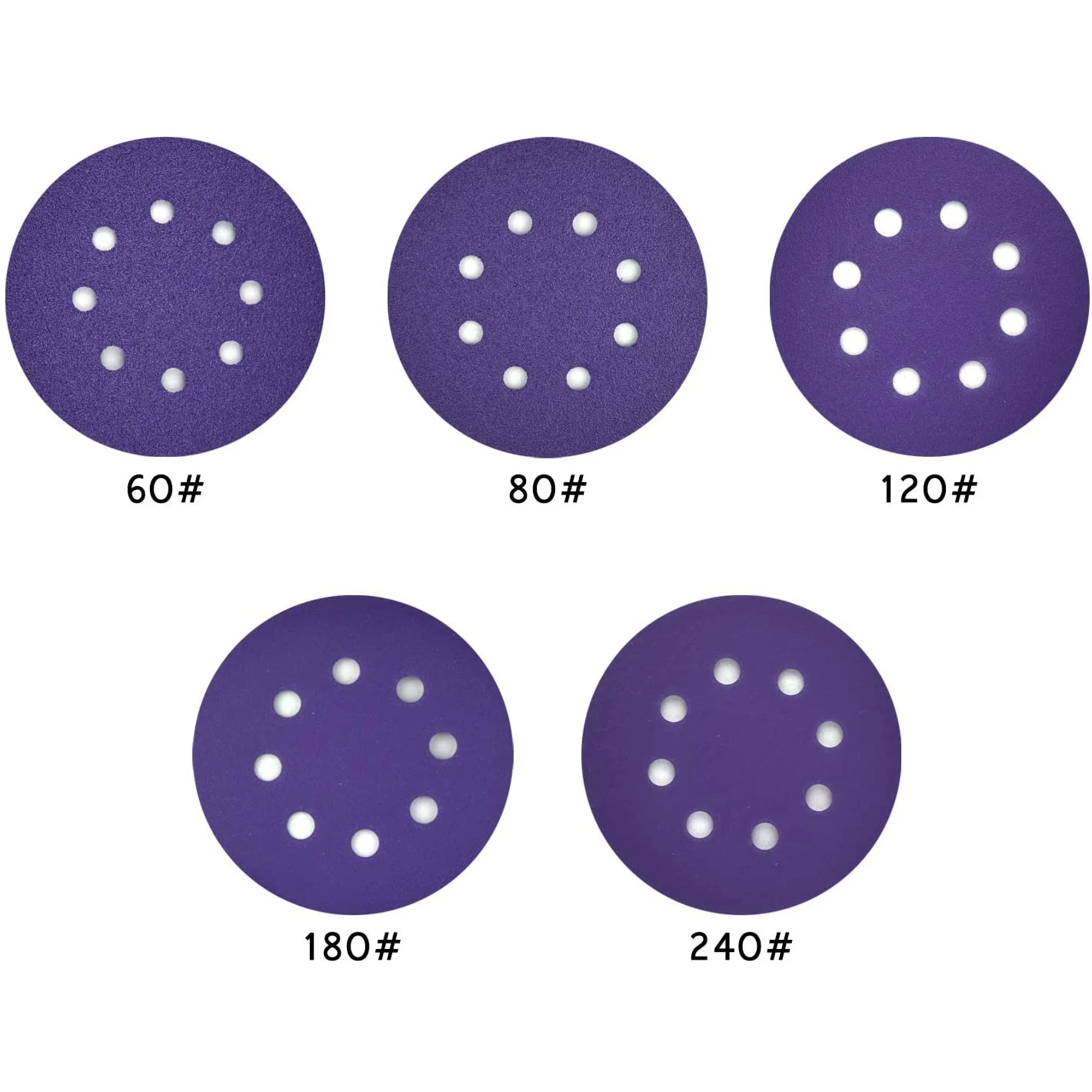 POLIWELL 10PCS 5 Inch 8-Holes Grit 60-240 Purple Dry Sanding Paper Discs for Hook & Loop Festool Sanding Pad Sander Accessories