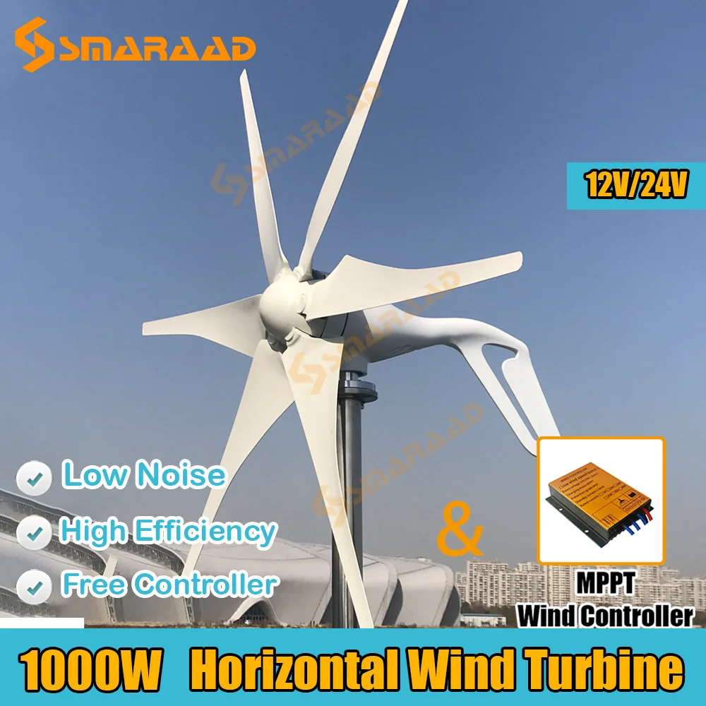 New Arrival 600W 800W 1000W New Energy Horizontal Wind Turbine Generator Free MPPT Controller 12v 24v Low Noise Small Windmill