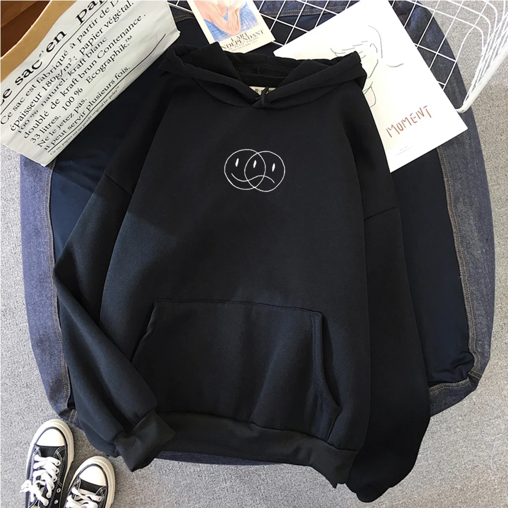 Student Sportswear Tops Smile Sad Face Streetwear Sweatshirt Women Casual Pullover Hip Hop Long Sleeve Line Print Hoodies