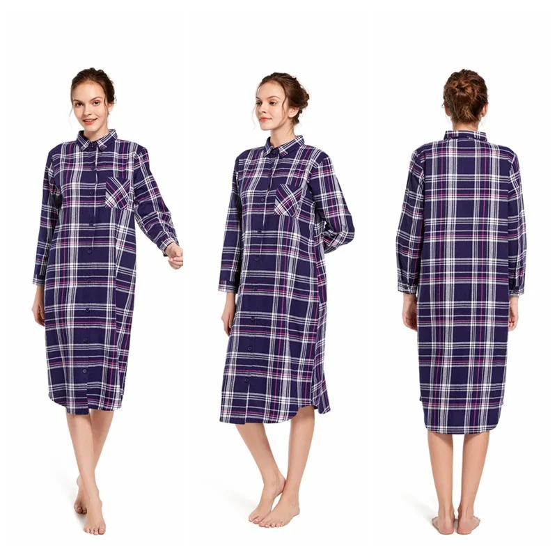 Autumn and Winter Long Checkered Nightdress Cotton Cardigan Home Loose Pijamas Ladies Home Sexy Nightwear Red Sleep Shirts