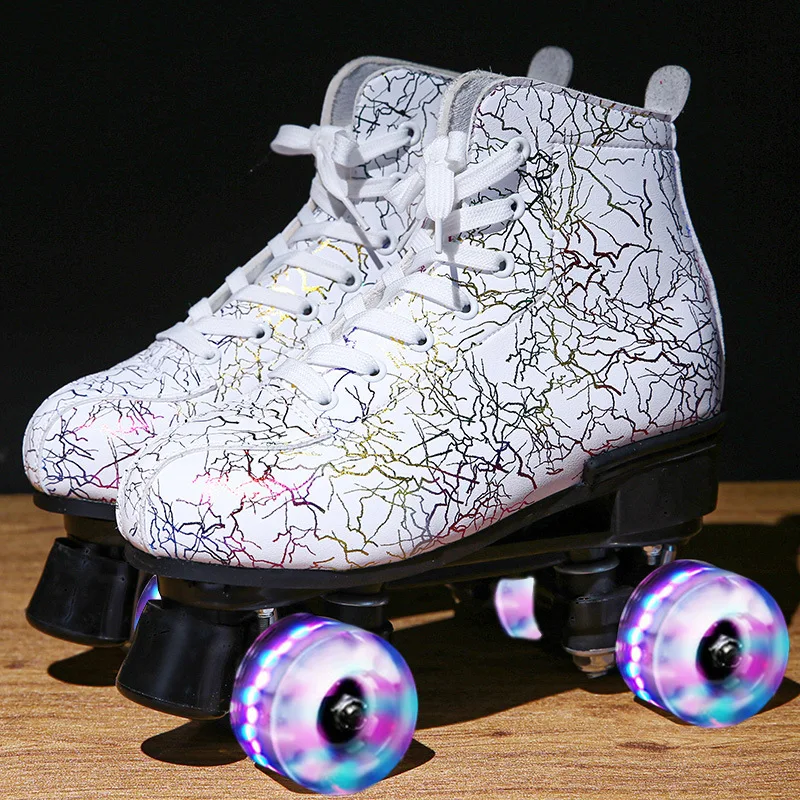 2023 Roller Skates Women Men PU Lether Roller Skates Black White Printed Skating Shoes Sliding Quad Sneakers 2 Row Adult 4 Wheel