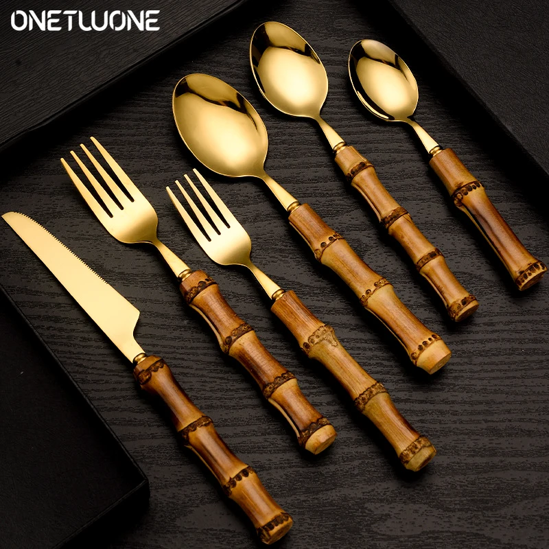 Cutlery Set With Bamboo Handle, With Steak Knives Tableware,Gold Stainless Steel Flatware Cutlery, Includes Forks Spoons Knives