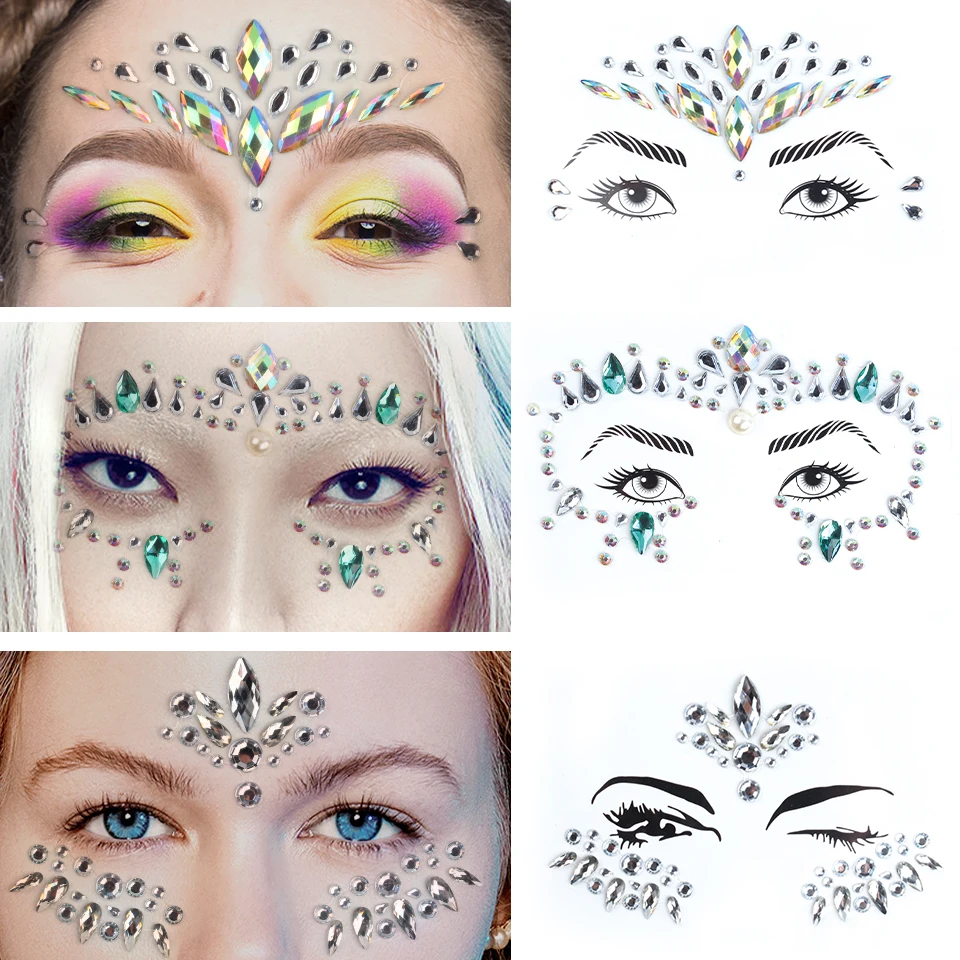 Face Metallic Temporary Tattoo Sticker,  Face Gems Mermaid Jewels Rave Crystal Gems Eye Body Face Stickers for Festival Party