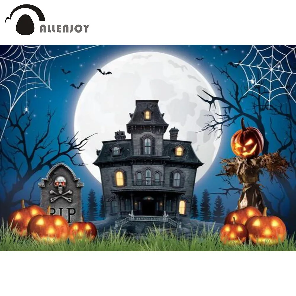 

Allenjoy Happy Halloween Birthday Party Pumpkin Lantern Backdrop Castle Skull Moon Trick or Treat Ghost Photozone Background