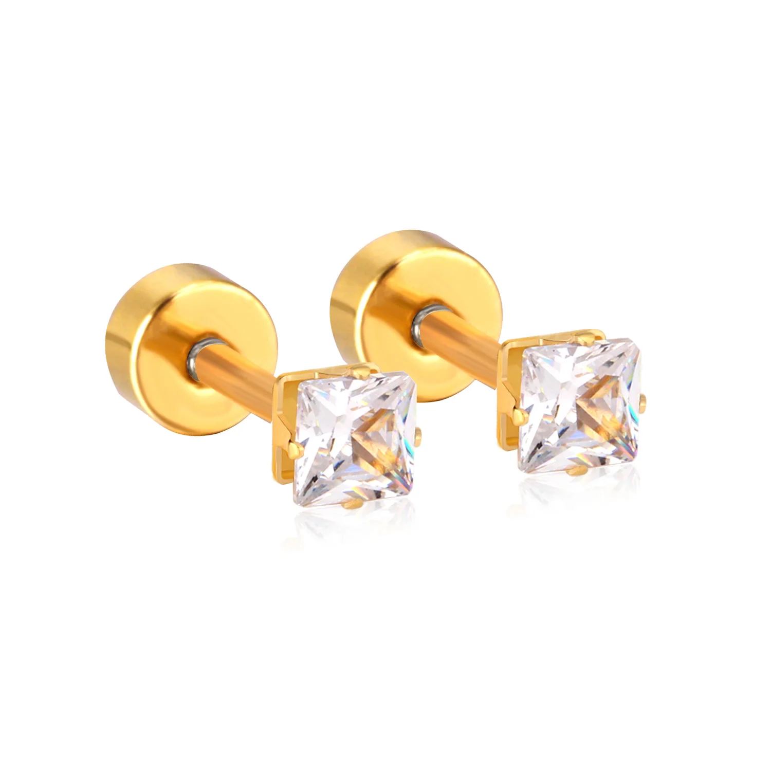 LUXUSTEEL 3mm to 7mm Geometry Square Clear CZ Cubic Zirconia Earrings With Small Stainless Steel Golden Screw Stud Earrings