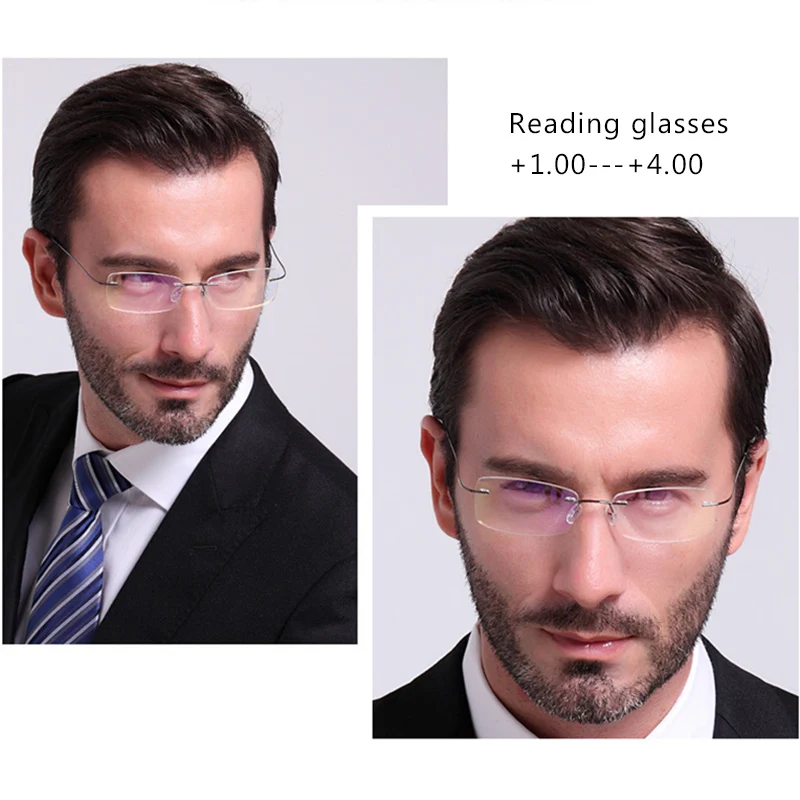 May Flower Memory Titanium Rimless Reading Glasses Fashion Blue Anti-Light Glasses Men Square Farsight Glasses For Women +3+3.5