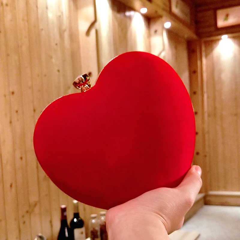 Red Heart Design Women Clutch Small Diamonds Golden Velvet Evening Bags Party Wedding Handbags Purse For Female