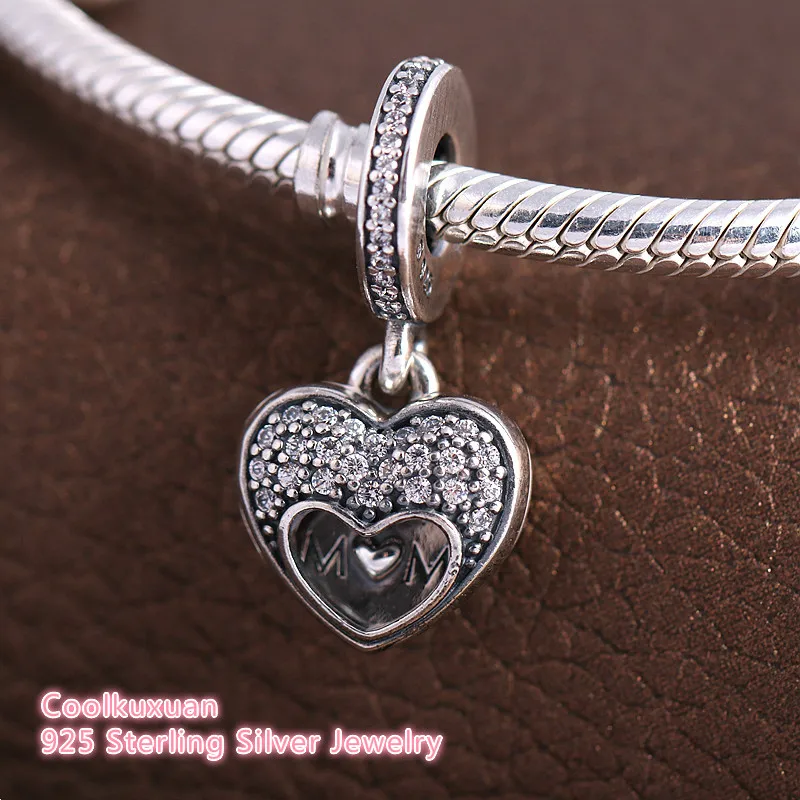 

I Love My Mom Hanging Charms Original 925 Sterling Silver Micro CZ Pave Heart Lockets Pendant Fits Pandora Bracelets Necklace