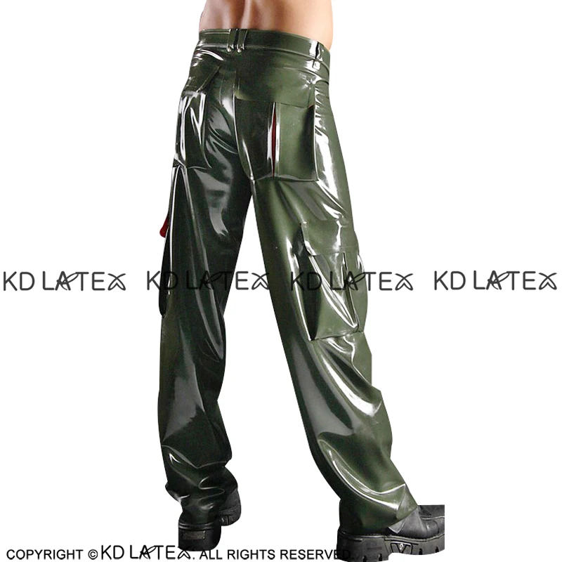 Olive Green And Red Trims Sexy Latex Cargo Pants With Pockets Long Rubber Trousers Bottoms CK-0069