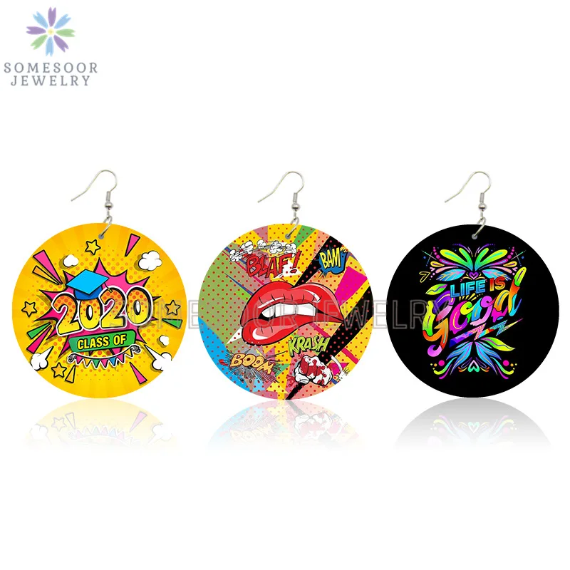 

SOMESOOR Class Of 2021 Art Graffiti African Wood Drop Earrings Both Sides Print Cartoon Positive Saying Ear Loops For Women Gift