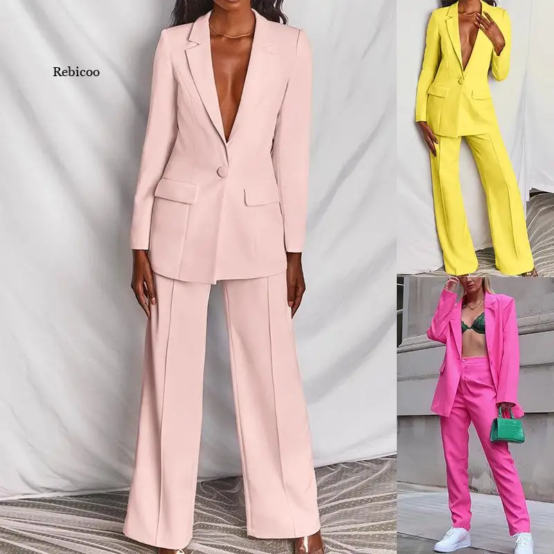 

Two Piece Women Business Blazer Set Office Lady Solid Colors Formal Suits with Buttons New Pink Yellow Commute Blazer Pants Set