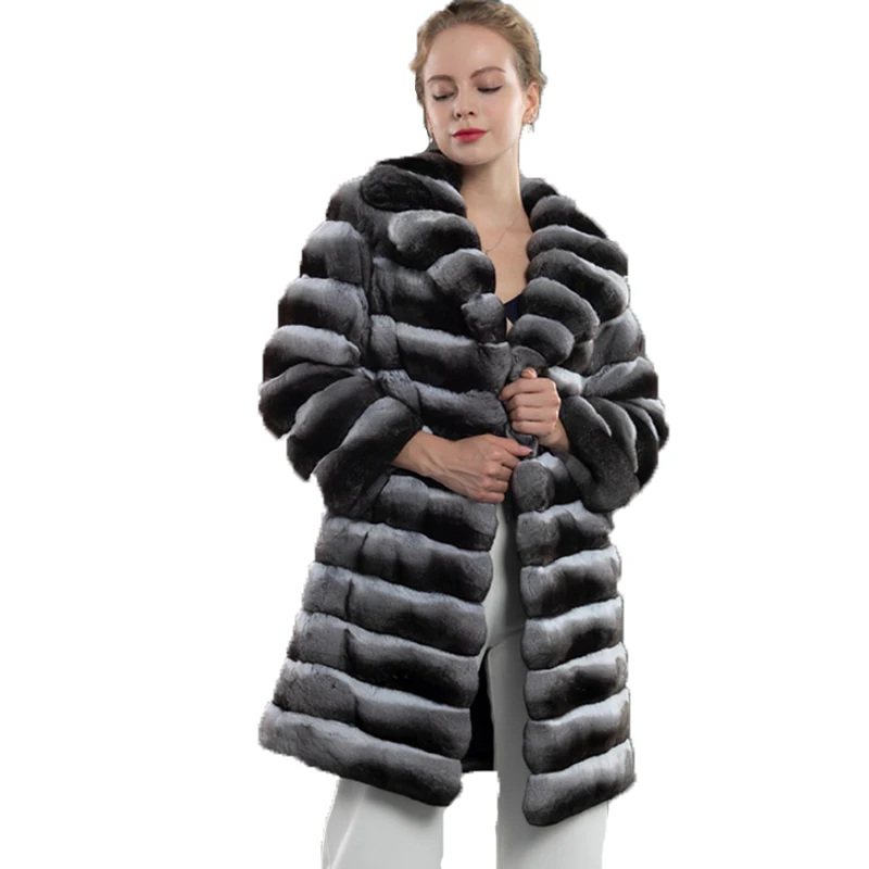 

Stylish Chinchilla Fur Jacket Notch Collar Mid-Long Coat Parka Stately Beauty Warm Fashion