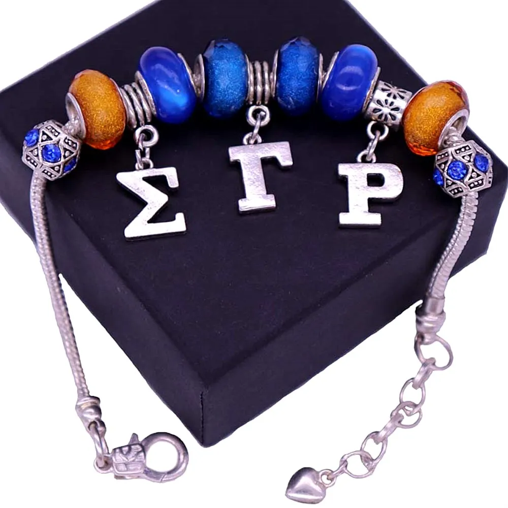 Greek Letter Sorority Yellow Blue Sigma Gamma Rho Big Hole European Beads Society Bracelet Bangles School Association Jewelry