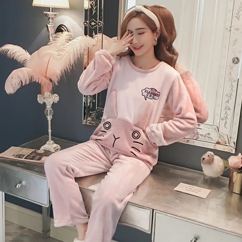 

H5696 Winter Women Pajamas Female Korean Cartoon Students Plus Velvet Thickened Nightwear Long Sleeve Flannel Warm Homewear Set