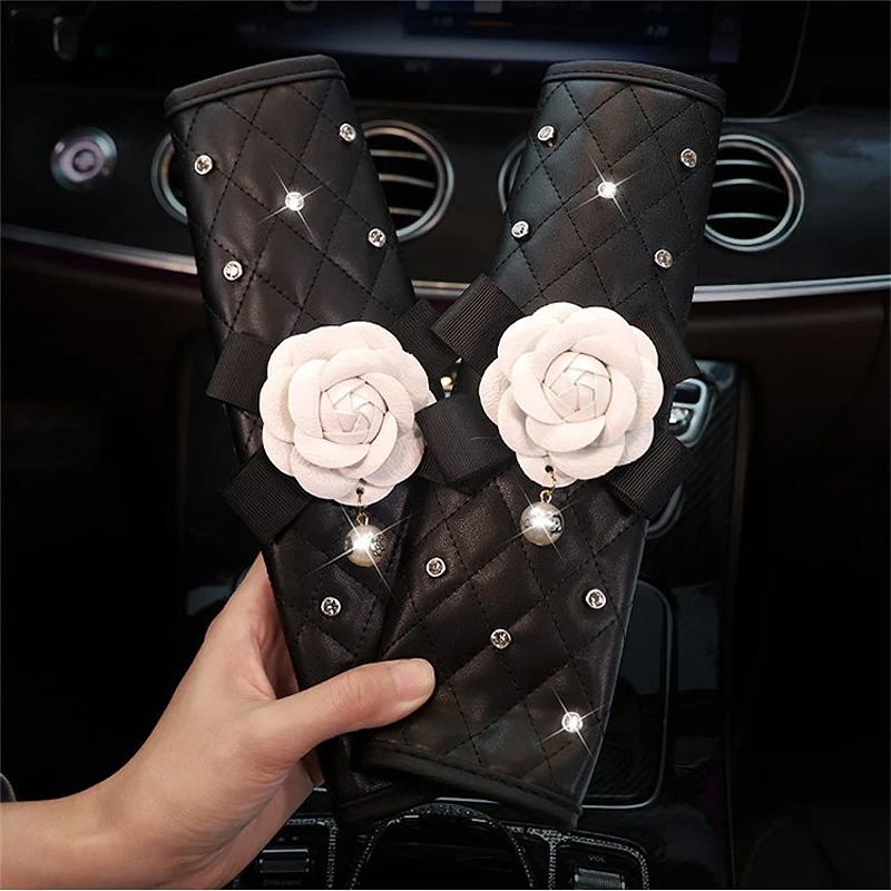 2pcs Fashion Rhinestone Leather Car Sefety Seat Belt Cover Crystal Crown Universal Shoulder Pad Car Styling Interior Accessories