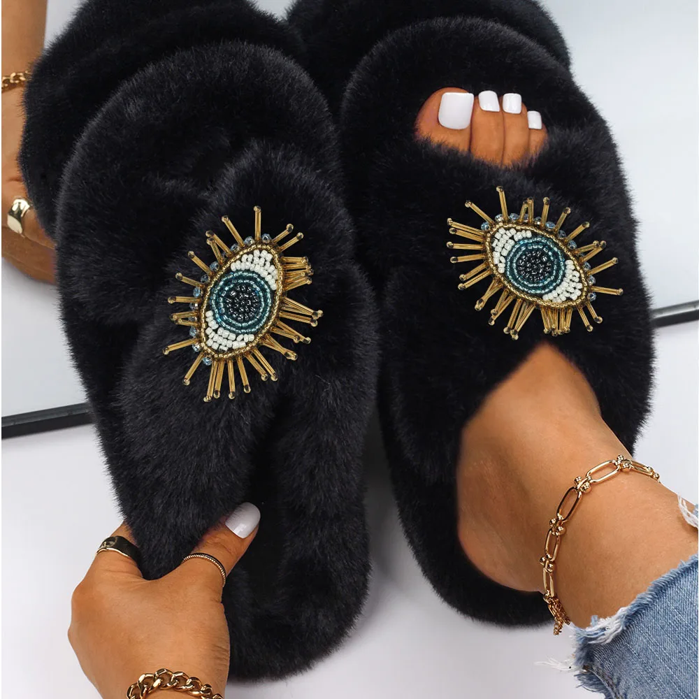 Women Sandals Fuzzy Slides Fashion Eye Decor Fluffy Slippers Luxury Brand High Quality Female Outdoor Casual Shoes Furry Slipper