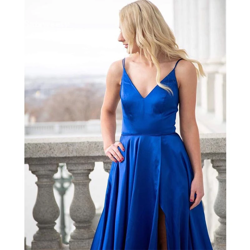 Royal Blue Lange Prom Dress Spaghettibandjes Satin Prom Jassen Voor Split Sexy Vestido De Fiesta De Graduacion Robe De soiree