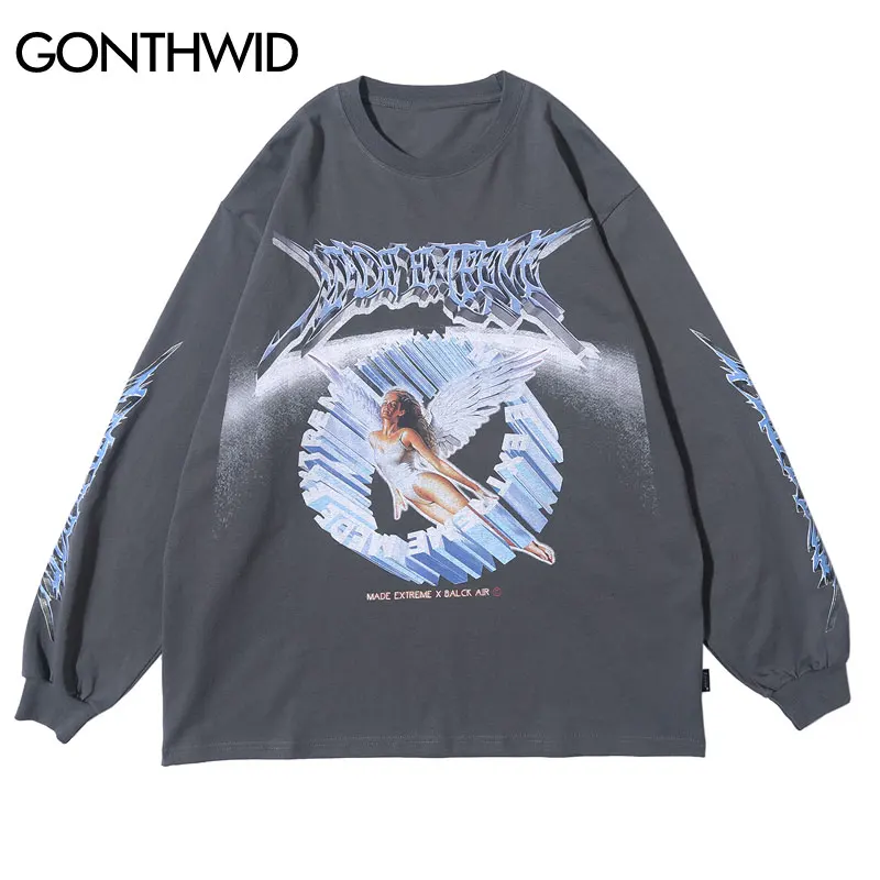 

GONTHWID Tees Shirts Creative 3D Angel Print Long Sleeve Tshirts Streetwear Hip Hop Hipster Casual Loose T-Shirts Fashion Tops