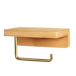 1PC Nordic Beech Paper Towel Holder Wooden Brass Toilet Paper Holder Mobile Phone Rack Free Punch Bathroom Roll Holder