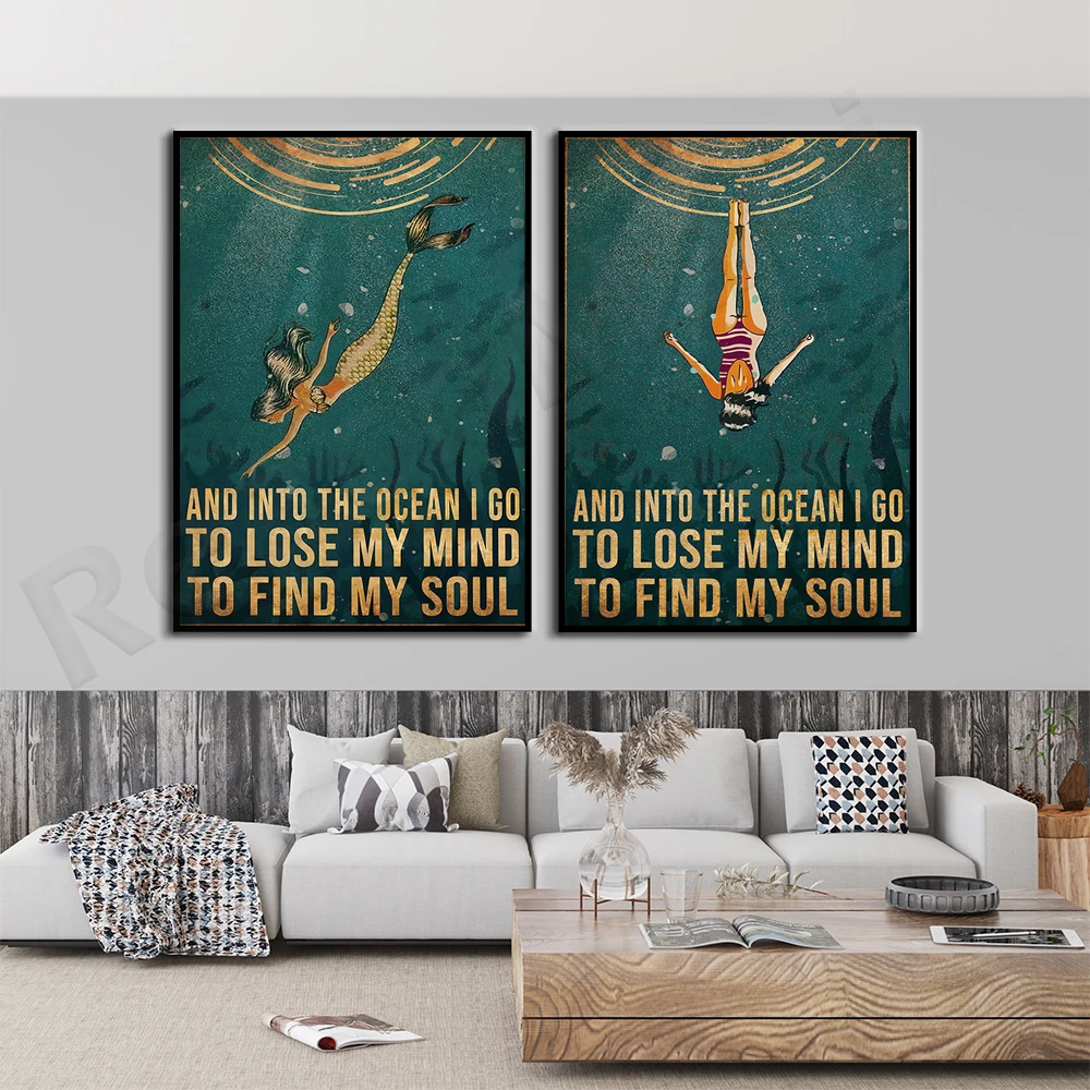 Into the ocean I go poster, spiritual yoga poster, sea, water, travel, retro, wall art decoration, birthday gift ideas