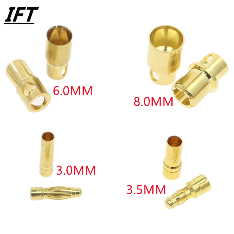 5 pair/lot 2/3/3.5/4/6/8mm Gold Copper Brushless Motor Banana Plug Bullet Connector Plated For ESC Battery