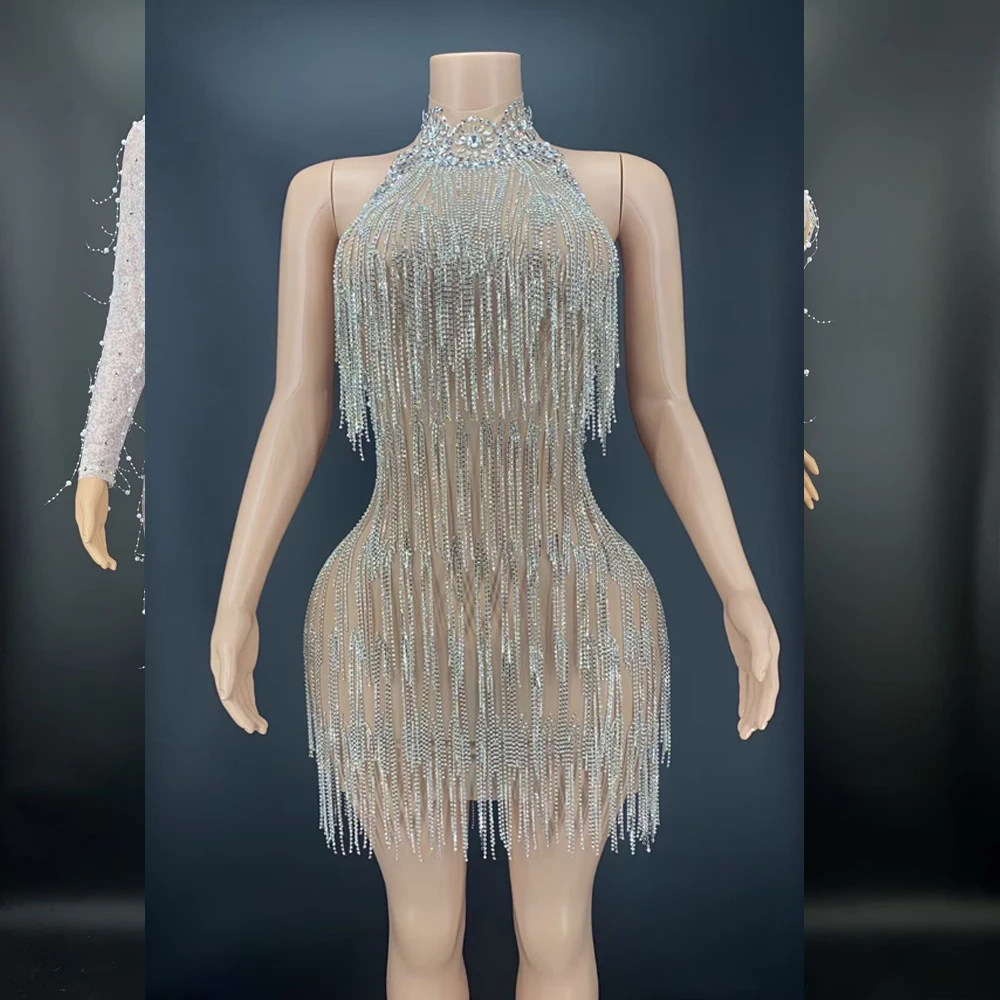 Sparkly Singer show Rhinestones Crystals Fringes Backless Dress Evening See Through Performance Evening Stretch Costume