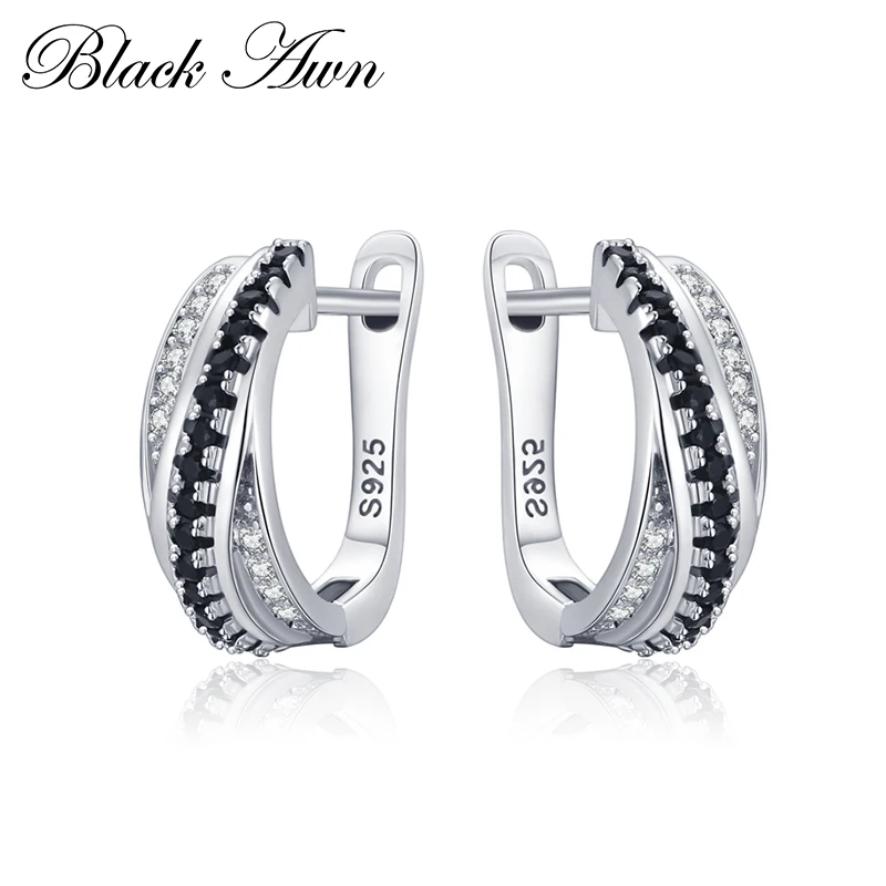 Black Awn 2022 New Hoop Earrings for Women Classic Silver Color Trendy Spinel Engagement Jewelry I207