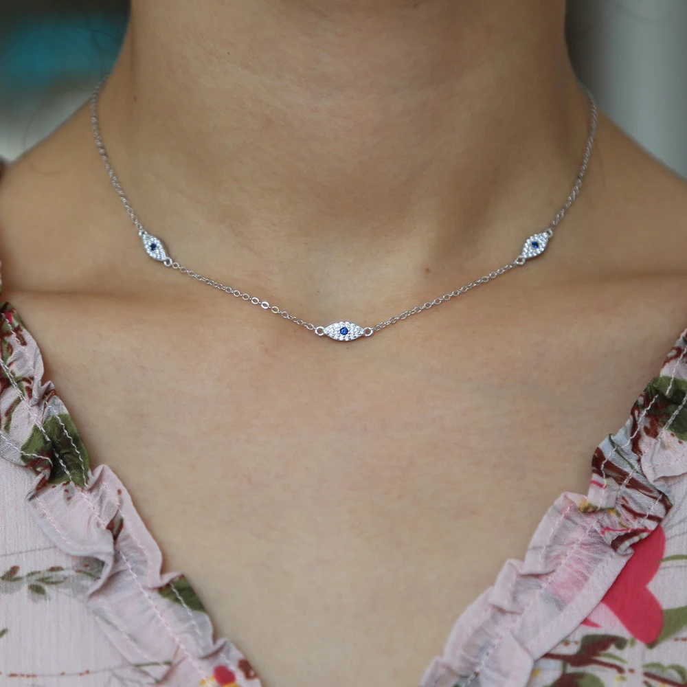 Collar de plata de ley 925 con circonita azul para mujer, colgante de mal de ojo, cadena protectora de 35 + 10cm, garantía