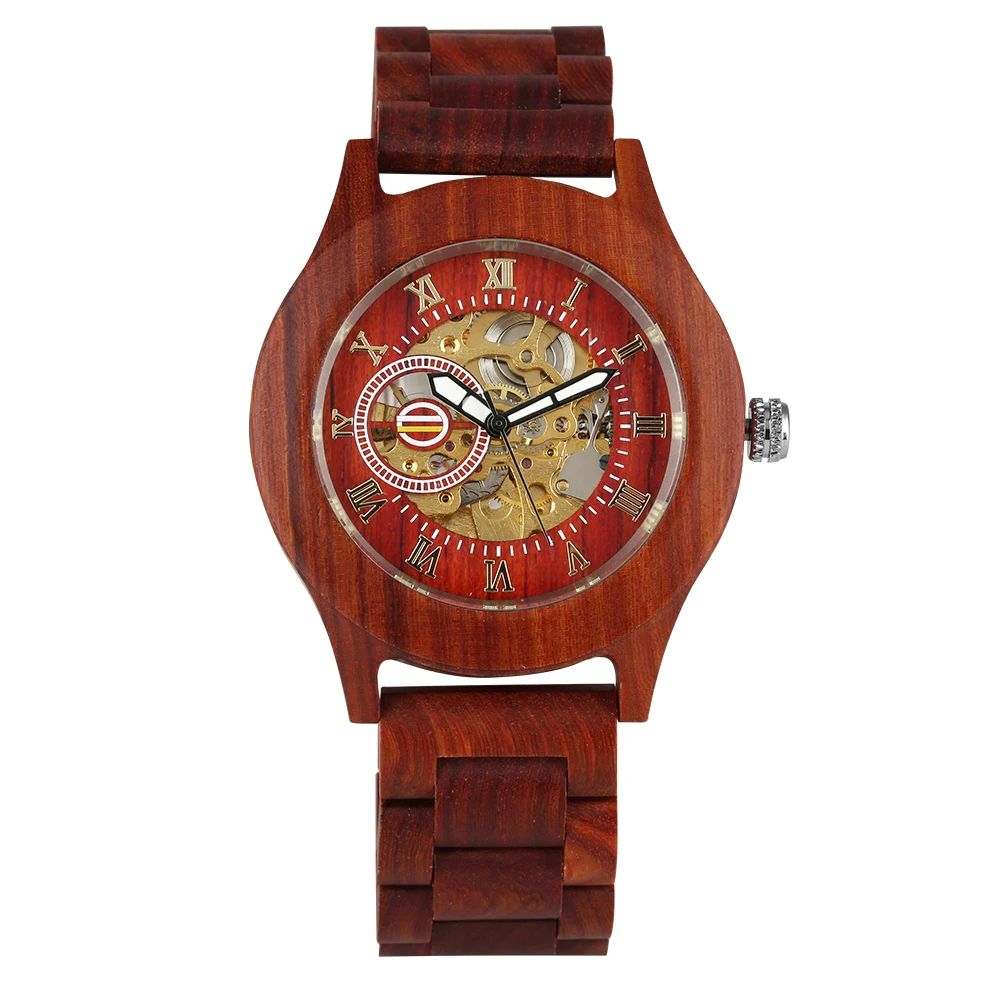 Automatic Mechanical Wooden Watch for Women Luminous Function Roman Numerals Dial Wooden Wristwatch for Men