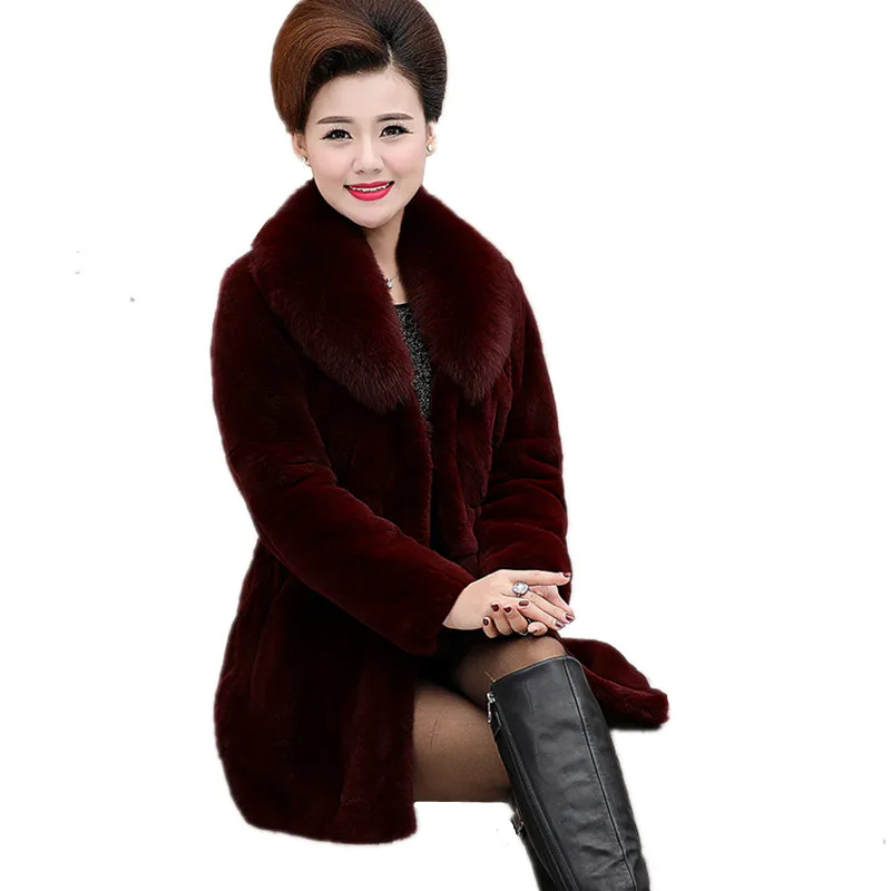 Imitation water velvet fur coat female 2023 autumn winter new fashion medium long fox fur collar waist slim jacket women