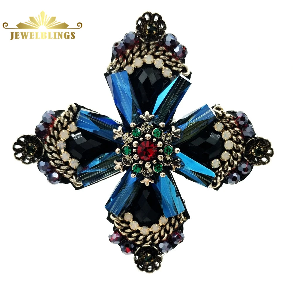 Retro Vintage Dark Blue Crystal Rhinestone Cross Style Flower Brooches Gold Tone Faceted Four Petal Flower Pins for Women Suit