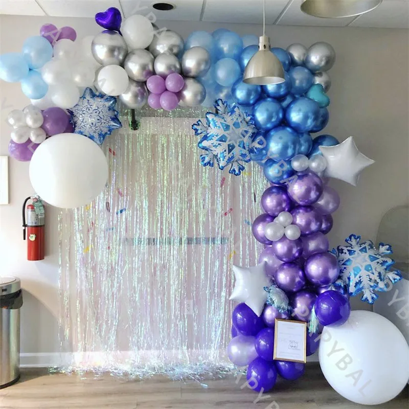 

112Pcs Snoweflake Aluminum Foil Balloons Arch Garland Kit Chrome Purple Blue Latex Balloon Set Christmas New Year Party Decor