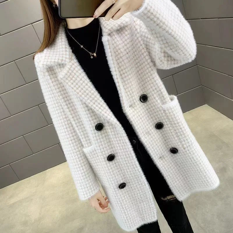 Faux Mink Cashmere Woolen Coat Women Mid Long Cardigan Outerwear Korean Winter Thick Loose Houndstooth Woolen Jacket Coat Female