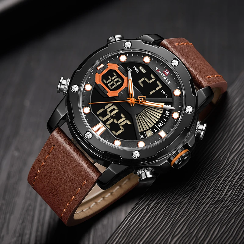 Luxury Watches for Men NAVIFORCE Digital Chronograph Quartz Alarm Clock Military Sport Waterproof Leather Strap Wrist Watch Male