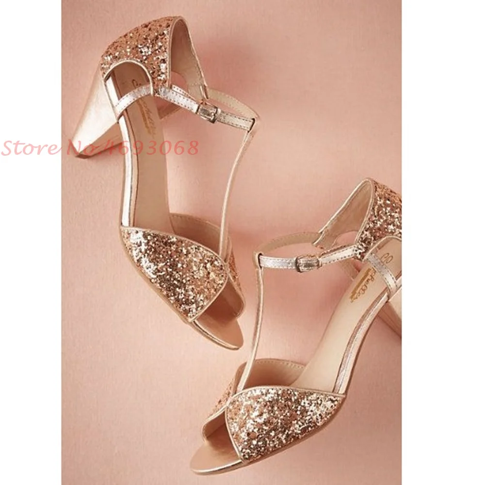 

Glitter Bling Heeled Sandals Buckle Chunky Heels Peep Toe T Tied Sexy Elegant Lady Hollow Sandals Women Pumps Fashion Shoes