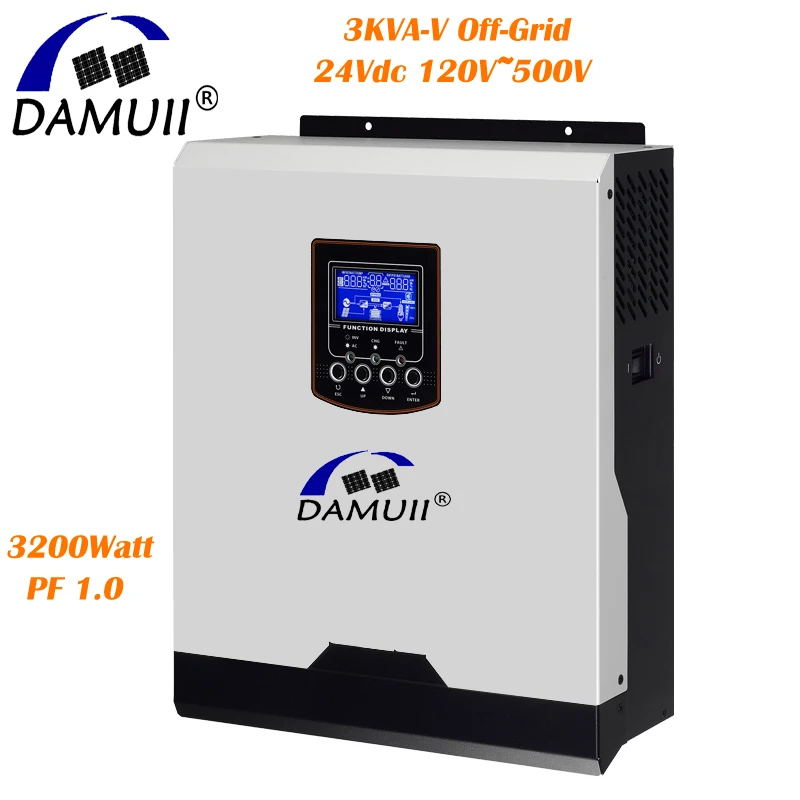 DAMUII MPPT Solar Inverter 3KVA 3000W 80A MPPT Solar Charge Pure Sine Wave Off-Grid System 120V-500V Panles 24Vdc Battery System