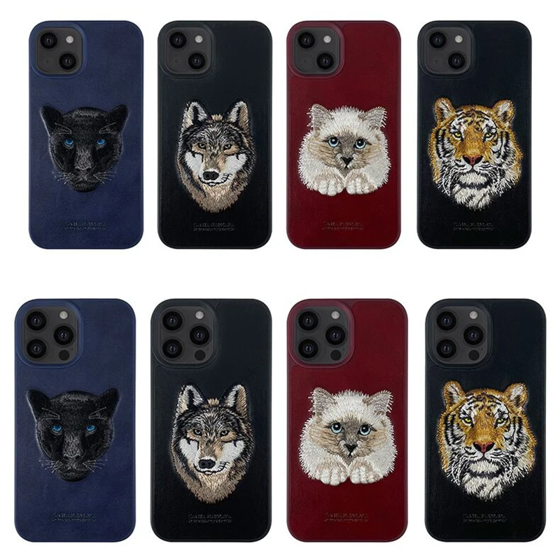 3D Embroidered Cute Cat Wolf Tiger Bear Leather Phone Case For iPhone 14 Pro Max Protective Cover For iPhone 13 Pro Max 13 Pro