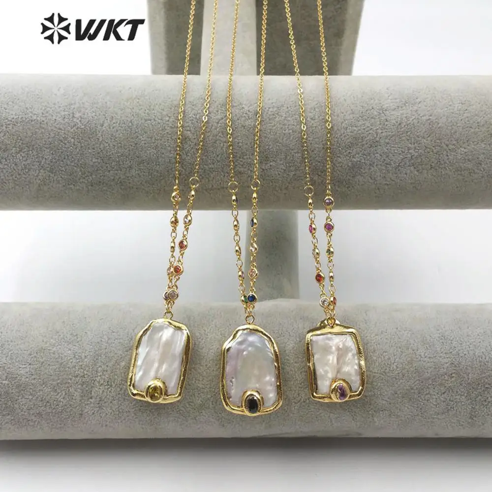 

WT-MN956 WKT Natural Pearl Necklace Pearl With Cubic Zirconia Pendant Gold Electroplated Necklace Women Elegant Necklace Jewelry