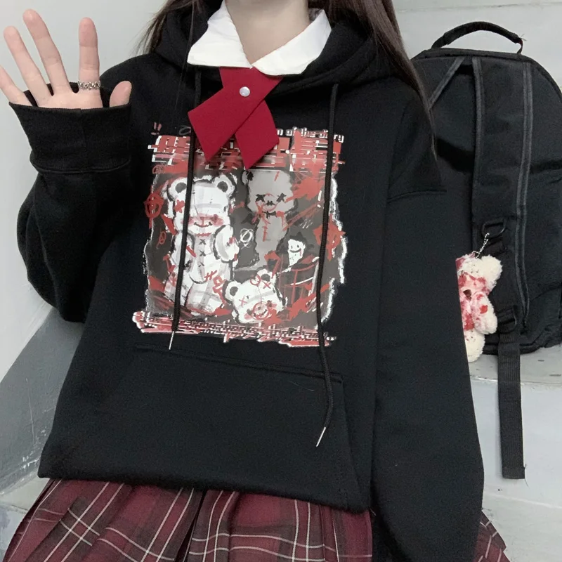 худи Women Loose Black Anime Print Hoodie Long Sleeve Top Punk Vintage Dropshipping Harajuku Japanese Gothic Pullover Sweatshirt