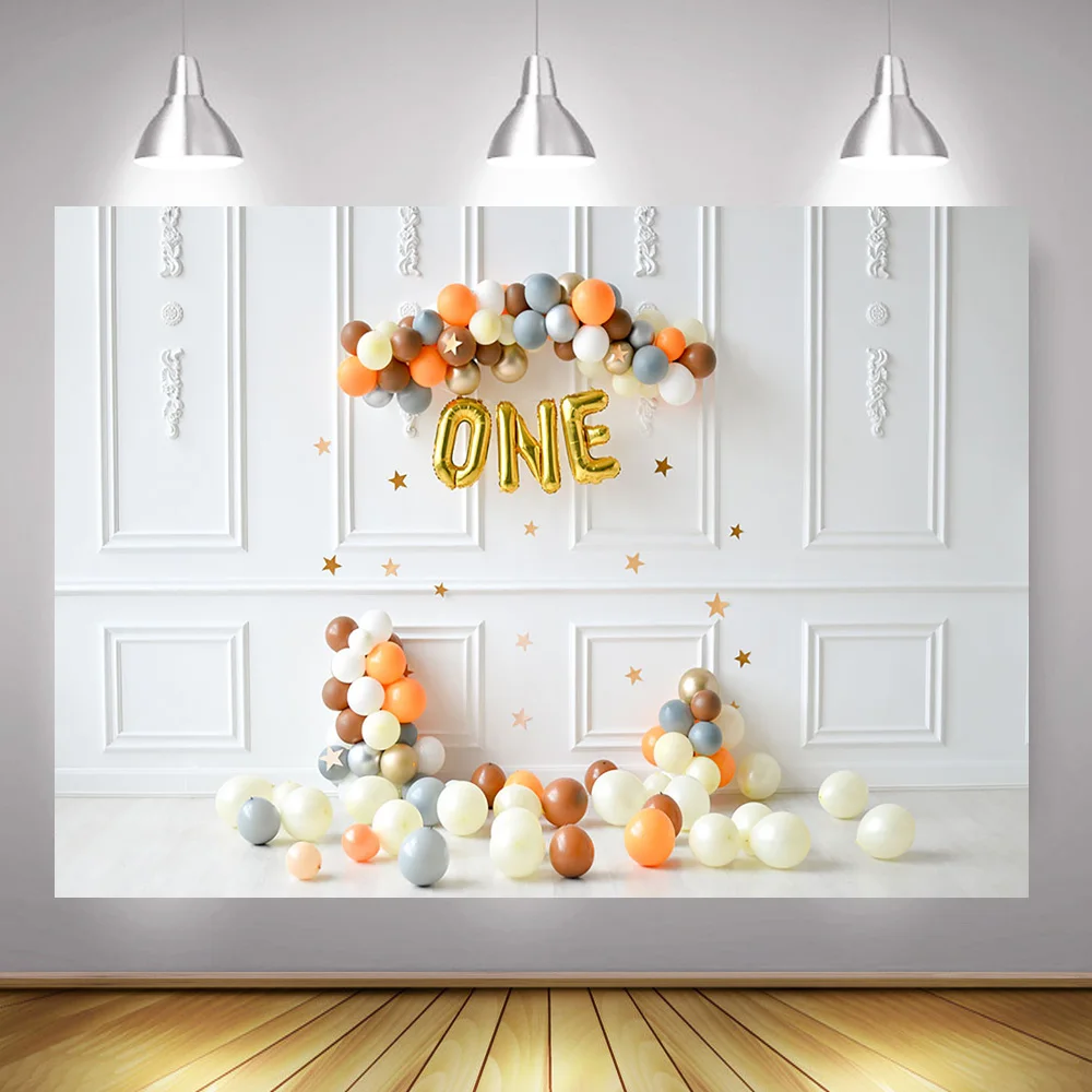 เด็ก 1st Birthday Party แบนเนอร์ฉากหลัง Photocall บอลลูนเด็กเค้กวันเกิดพื้นหลังไม้อิฐผนังการถ่ายภาพ