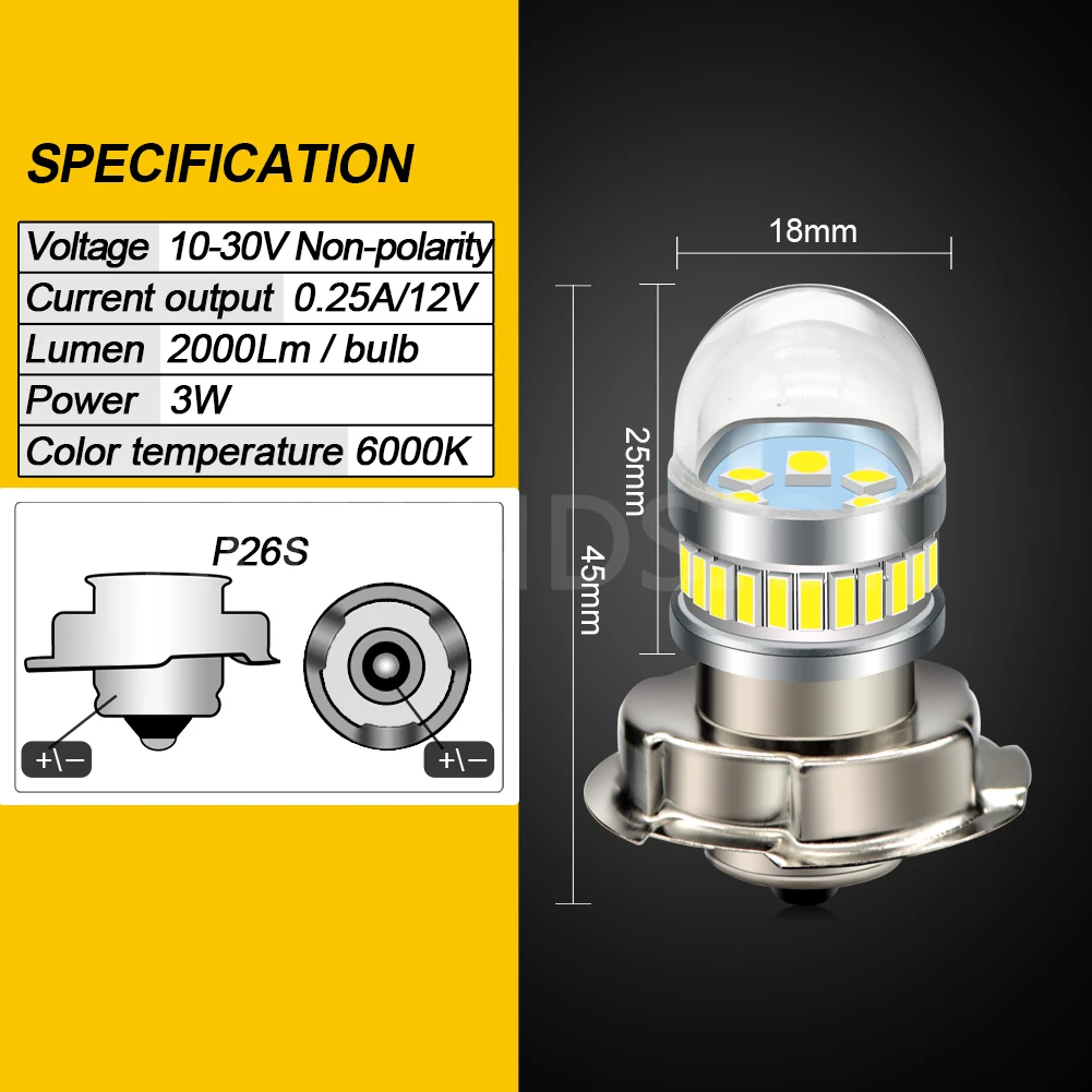 1Piece P26S Motorcycle LED Headlight 24SMD Scooter Moped Bulb 12V 24V 30V White Light 3W ATV Motor Motorbike Head Lamp 6000K