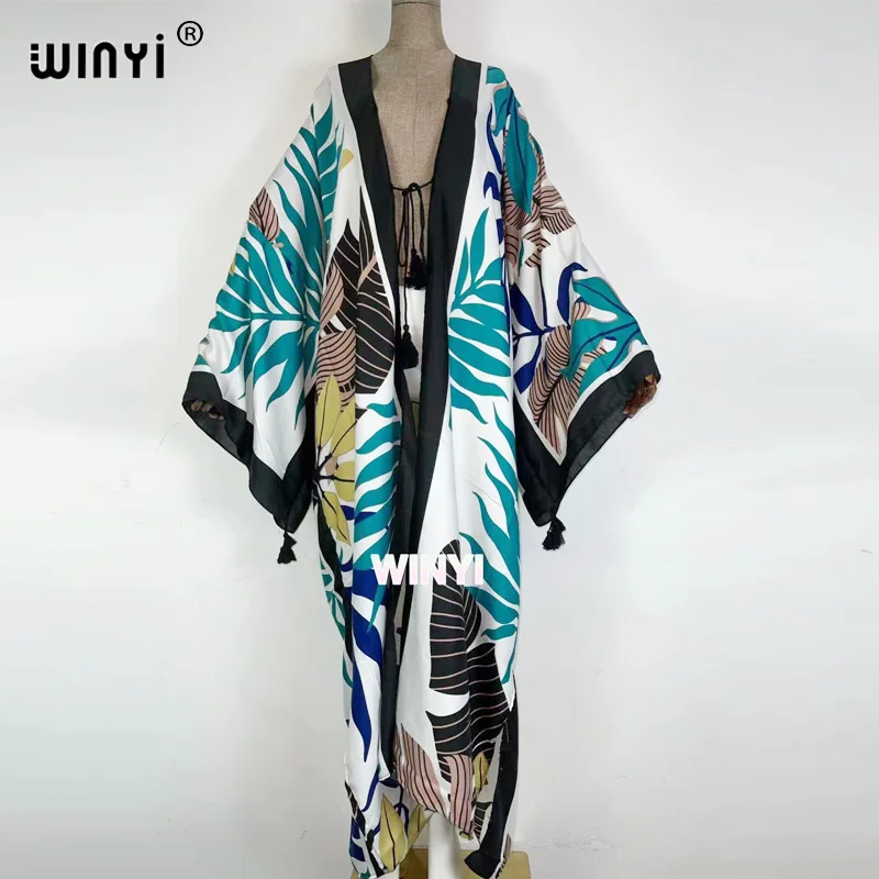 WINYI-Vestido de quimono estampa boho feminino, vestido longo, cinto automático, frente aberta, biquíni de algodão, doce senhora, túnica de praia,