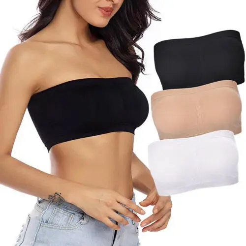 New Fashion Women Tube Top Plus Size Ladies Basic Crop Strapless Padded Bandeau Bra Black White