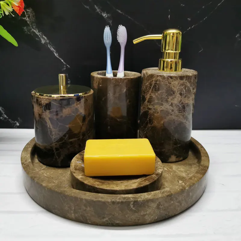 Marble Bathroom Accessory Set Natural Marble Bathroom Washing Set Liquid Soap Dispenser Mouthwash Cup Soap Dish and Tray