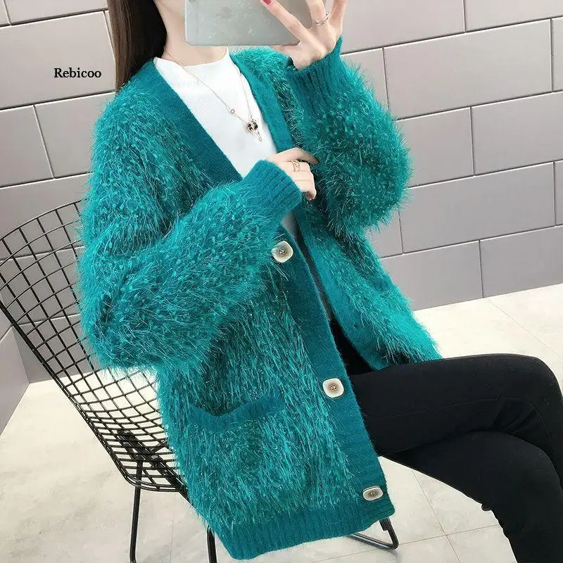 Women\'s Spring New V-Neck Knit Cardigan Imitation Mink Fleece Loose Long-Haired Sweater Jacket