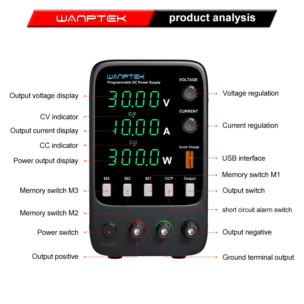 Imagem -04 - Wanptek Fonte de Alimentação dc Ajustável Laboratório Programável Função de Memória Fonte do Banco Interruptor Regulador de Tensão 60v 5a 30v 5a