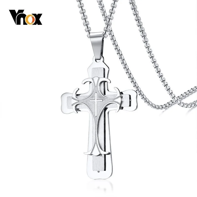 Vnox Punk Double Cross Necklaces for Men Prayer Religion Collar Free Stainless Steel Box Chain 24\