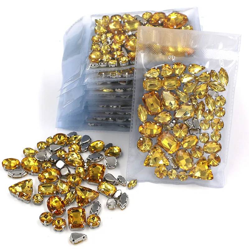 Wholesale 5 bags Gold yellow mixed shape rhinestones glass crystal sew on rhinestones whth sliver base claws diy clothing