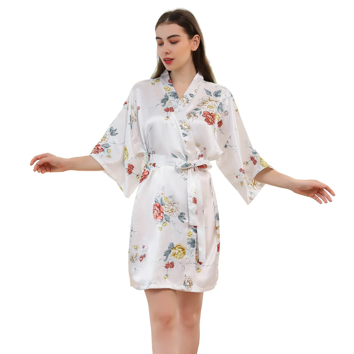 White Print Flower Bride Wedding Robe Silk Satin Women Sleewpear Kimono Bathrobe Gown Casual Half Sleeve Nightdress Home Clothes